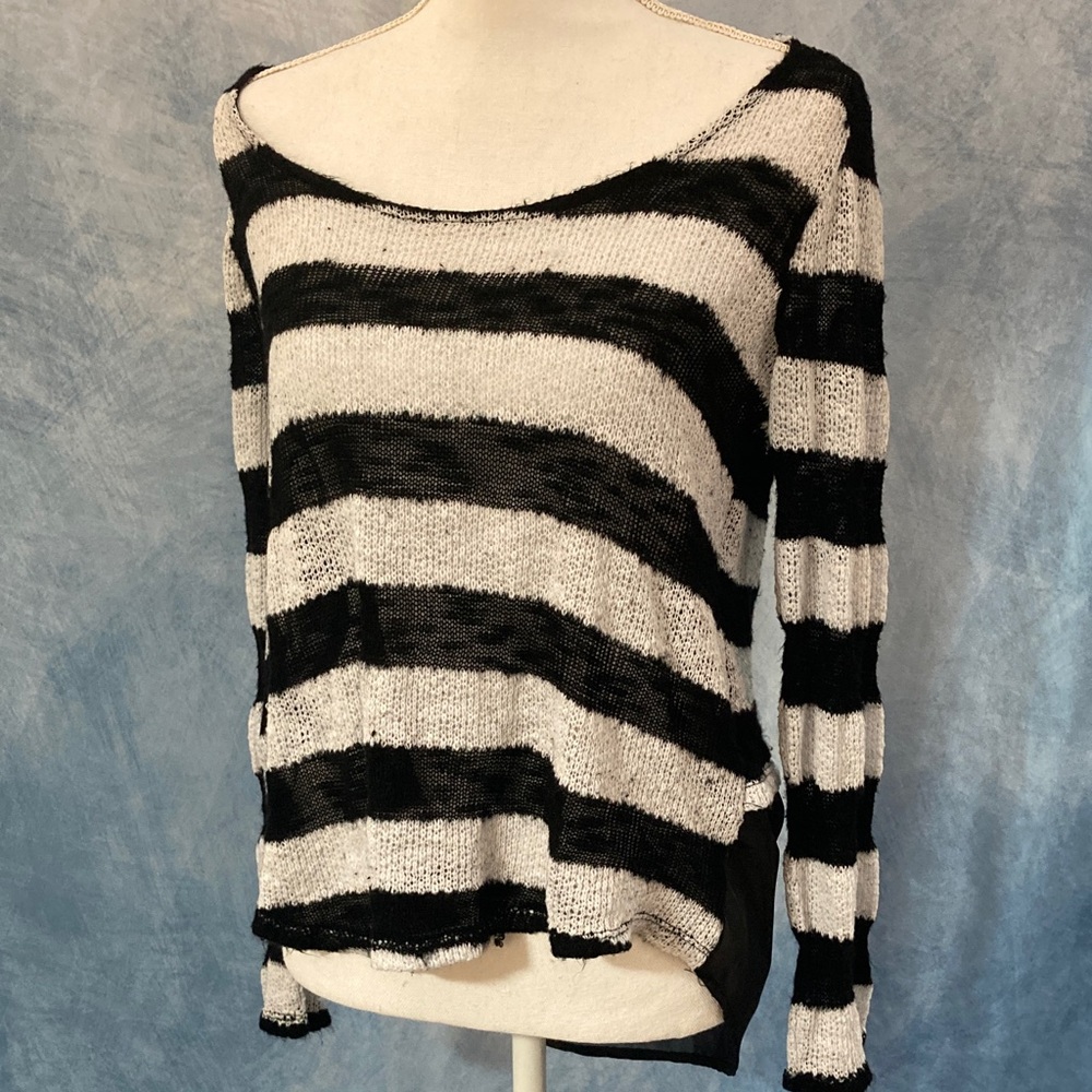 🍀2for$25🍀Black & White Oversized Off-the-Shoulder Striped Sweater W/Chiffon Back
